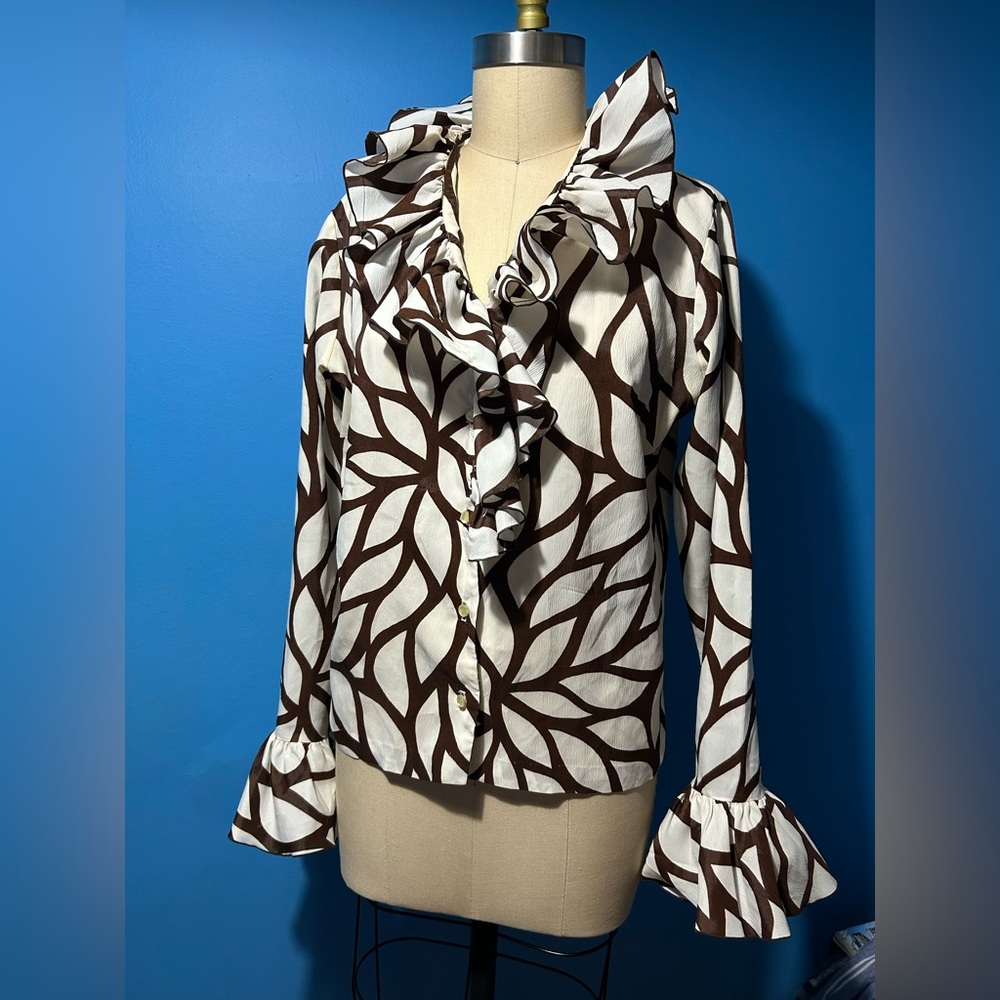 Brown and White Ruffle Leaf Print Blouse